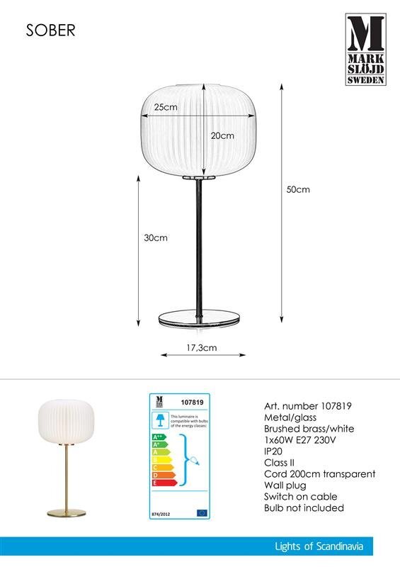 Obraz przedstawia lampę stołową z białym, szklanym kloszem o wymiarach 25 cm na 20 cm, umieszczoną na metalowej podstawie o wysokości 50 cm i średnicy 17,3 cm. Widoczne są również szczegóły techniczne, takie jak numer artykułu 107819, materiał wykonania (metal/szkło), kolor (mosiądz szczotkowany/biały), oraz informacje o klasie energetycznej i specyfikacji elektrycznej.
