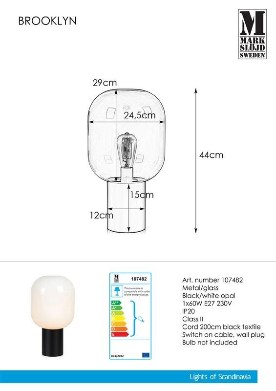 Obraz przedstawia lampę stołową z przezroczystym kloszem i czarną podstawą, z wymiarami: wysokość 44 cm, szerokość klosza 29 cm. Widoczny jest również opis techniczny: \'Art. number 107482, Metal/glass, Black/white opal, 1x60W E27 230V, IP20, Class II, Cord 200cm black textile, Switch on cable, wall plug, Bulb not included\'.