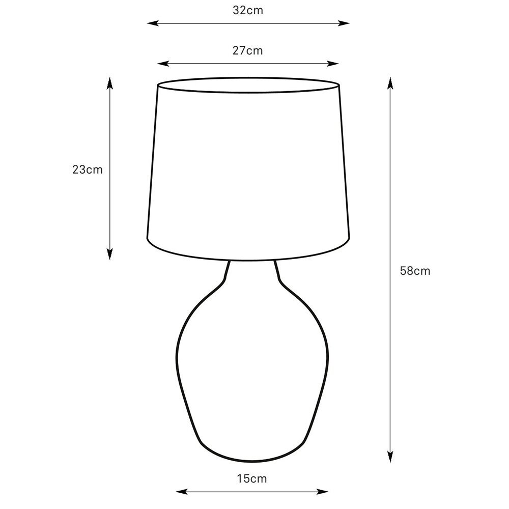 Schematyczny rysunek lampy stołowej z wymiarami: wysokość 58 cm, szerokość klosza 32 cm, szerokość podstawy 15 cm, wysokość klosza 23 cm, średnica klosza 27 cm.