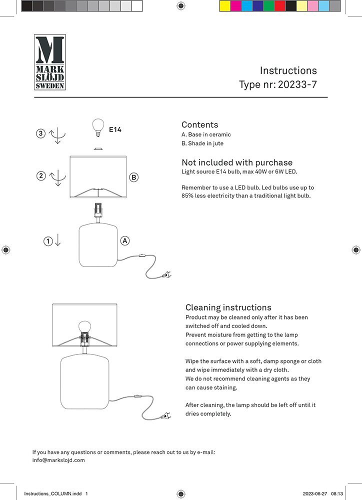 Instrukcja montażu i czyszczenia lampy stołowej z logo \'MARK SLÖJD SWEDEN\'. Zawiera informacje o zawartości, zalecenia dotyczące żarówek oraz instrukcje czyszczenia.