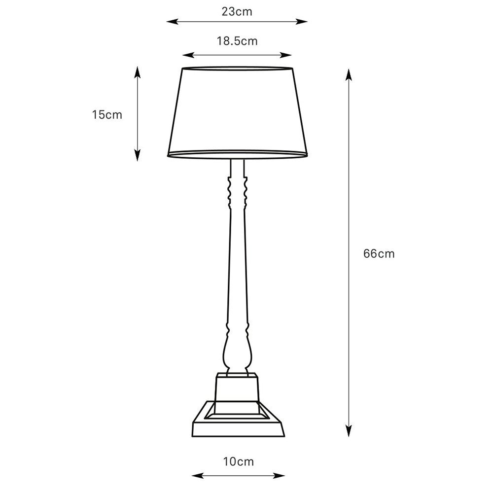 Schematyczny rysunek lampy stołowej z wymiarami: wysokość 66 cm, szerokość klosza 23 cm, szerokość podstawy 10 cm, wysokość klosza 15 cm, szerokość wewnętrzna klosza 18.5 cm.