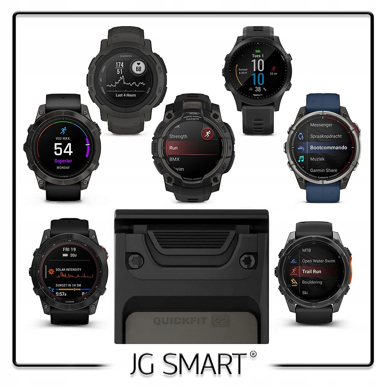 Zdjęcie przedstawia kilka zegarków z różnymi tarczami i funkcjami oraz pasek silikonowy z napisem \'QUICKFIT 22\'. Na dole widoczny jest napis \'JG SMART\'.