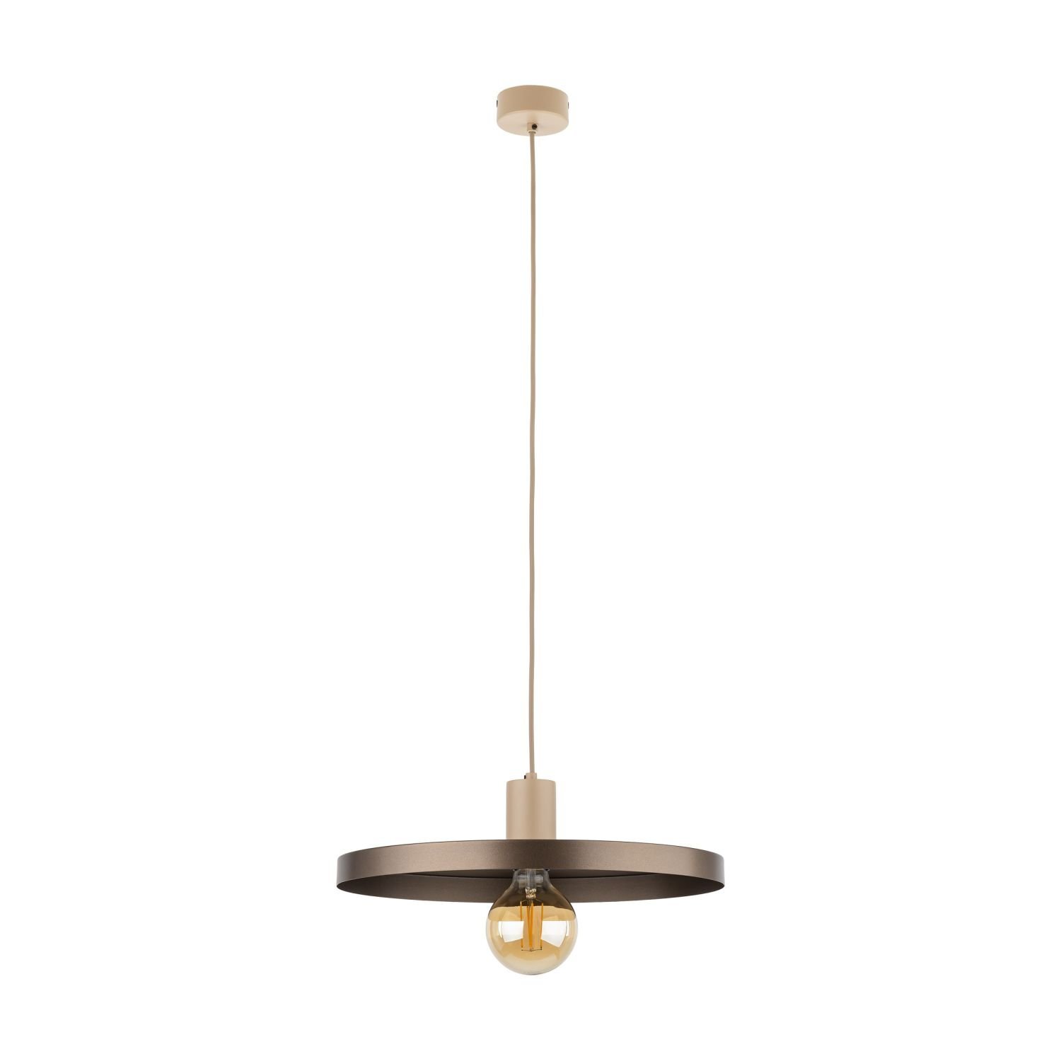 Na obrazie widoczna jest nowoczesna lampa wisząca z metalowym kloszem w kolorze beżowo-brązowym. Lampa posiada pojedynczą żarówkę i jest zawieszona na długim przewodzie.
