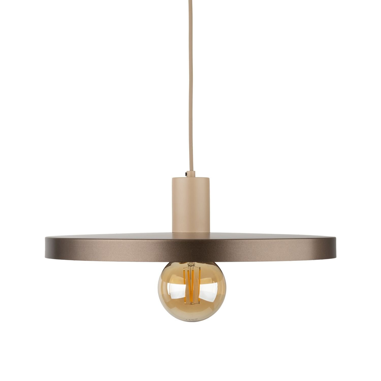 Lampa wisząca z metalowym kloszem w kolorze beżowo-brązowym, z widoczną żarówką E27. Posiada regulowaną wysokość i prosty, nowoczesny design.