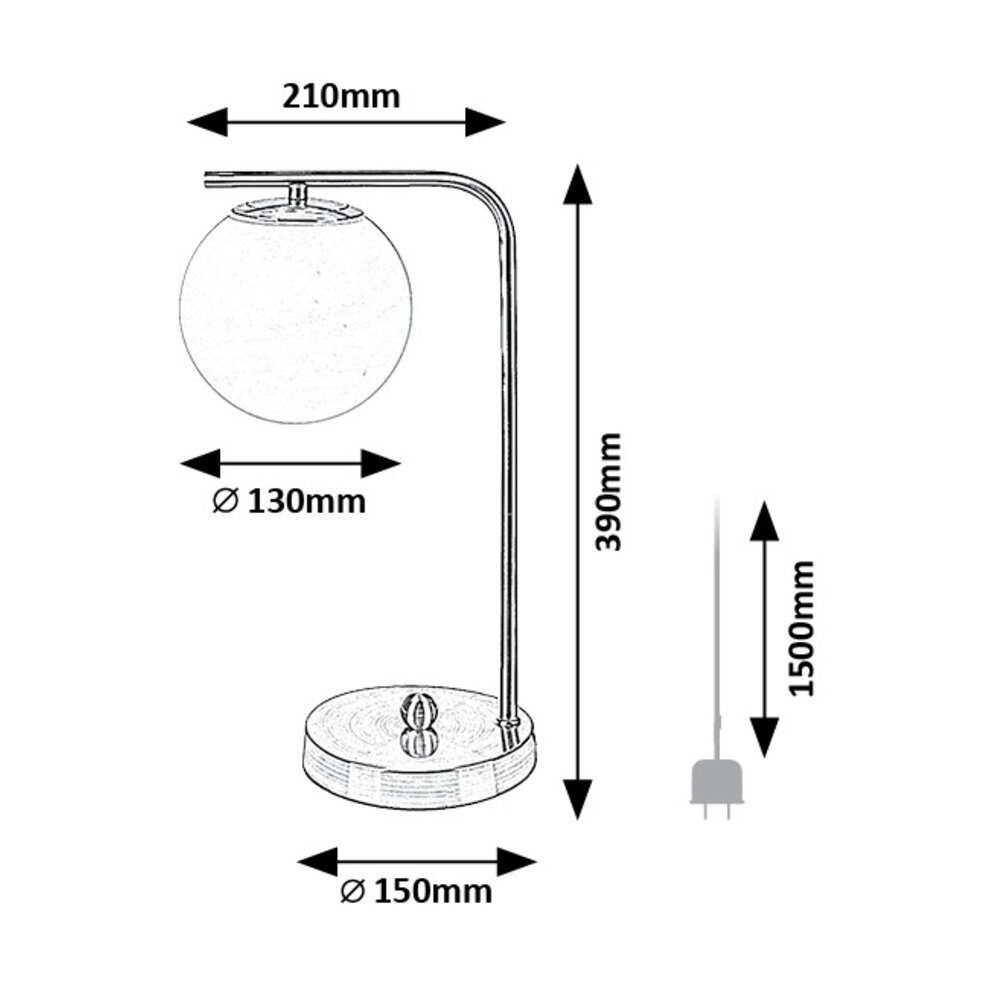 Schemat lampy biurkowej z wymiarami: wysokość 390 mm, średnica klosza 130 mm, średnica podstawy 150 mm, długość kabla 1500 mm, odległość od klosza do podstawy 210 mm.