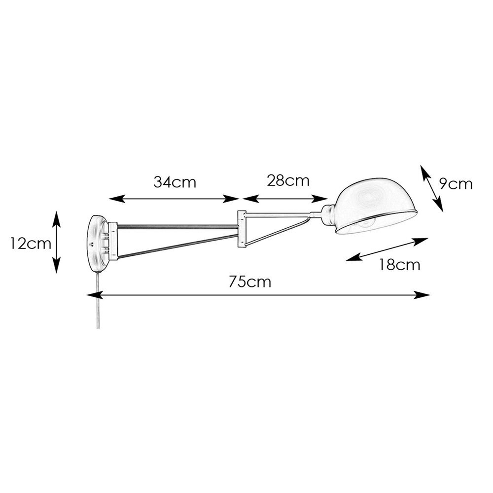 Schemat kinkietu na wysięgniku z wymiarami: 34cm, 28cm, 9cm, 12cm, 18cm, 75cm.