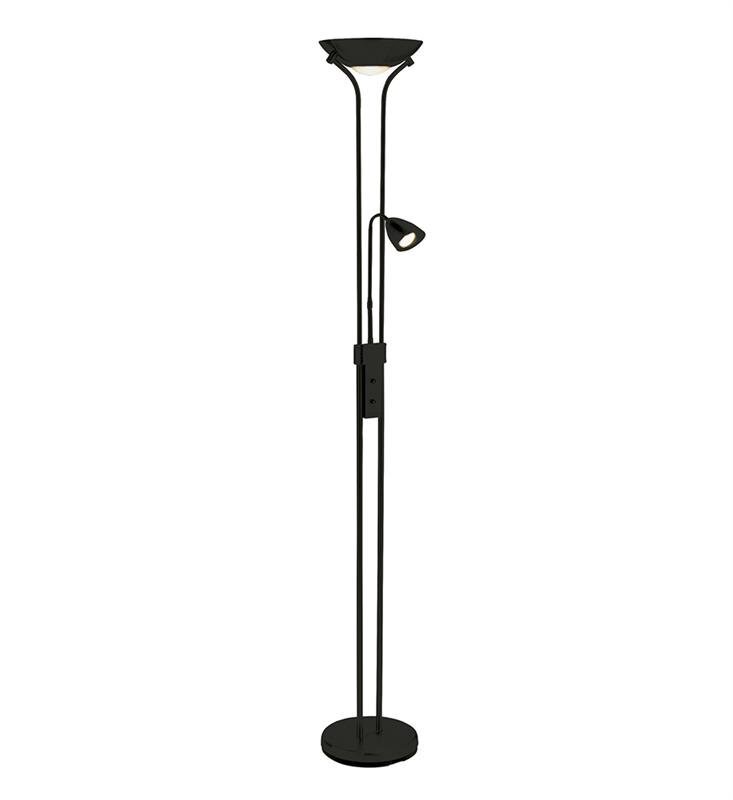 Czarna lampa podłogowa o nowoczesnym, industrialnym designie z dwoma źródłami światła na białym tle.