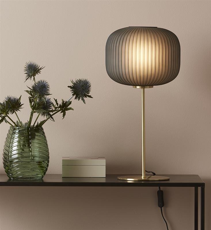 Na obrazie znajduje się elegancka lampa stołowa z ciemnym, żebrowanym kloszem i złotą podstawą, stojąca na ciemnym stoliku. Obok lampy znajduje się zielony wazon z roślinami o kolczastych kwiatach.
