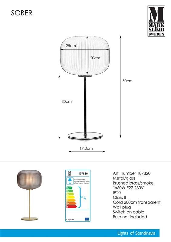Obraz przedstawia lampę stołową z kloszem o wymiarach 25 cm na 20 cm i wysokości całkowitej 50 cm. Widoczne są szczegóły techniczne, takie jak numer artykułu 107820, materiał metal/szkło, oraz informacje o klasie energetycznej i specyfikacji elektrycznej.