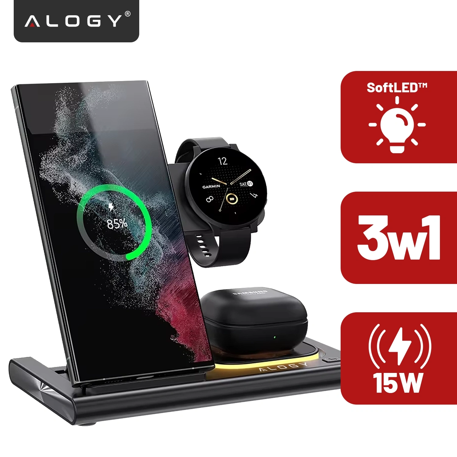 Na obrazie widoczna jest czarna ładowarka indukcyjna z miejscem na telefon, zegarek i słuchawki, z logo \'ALOGY\'. Obok znajdują się ikony z napisami: \'SoftLED™\', \'3w1\', \'15W\'.