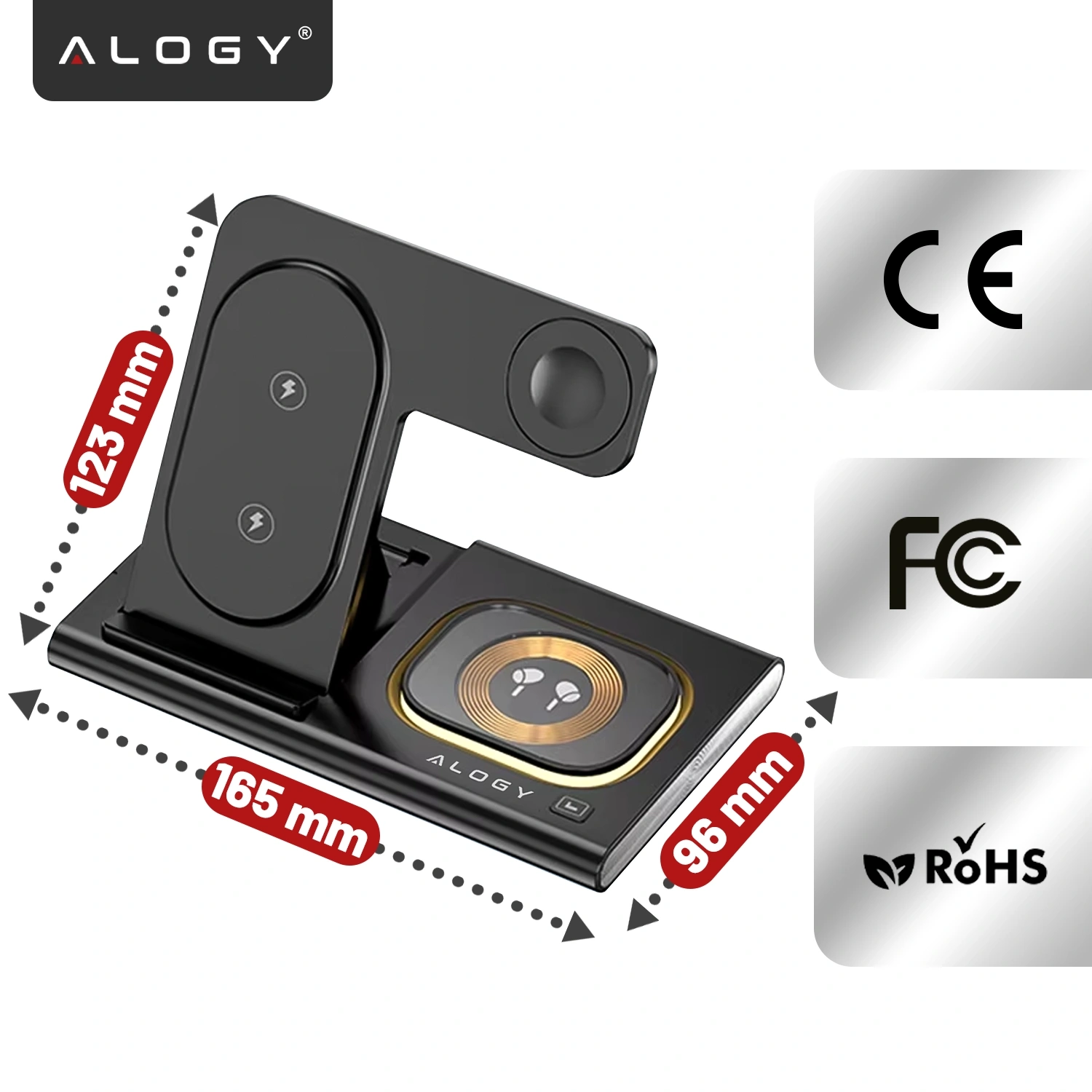 Czarna ładowarka indukcyjna z logo \'ALOGY\', posiadająca wymiary 123 mm x 165 mm x 96 mm. Obok znajdują się oznaczenia CE, FCC i RoHS.
