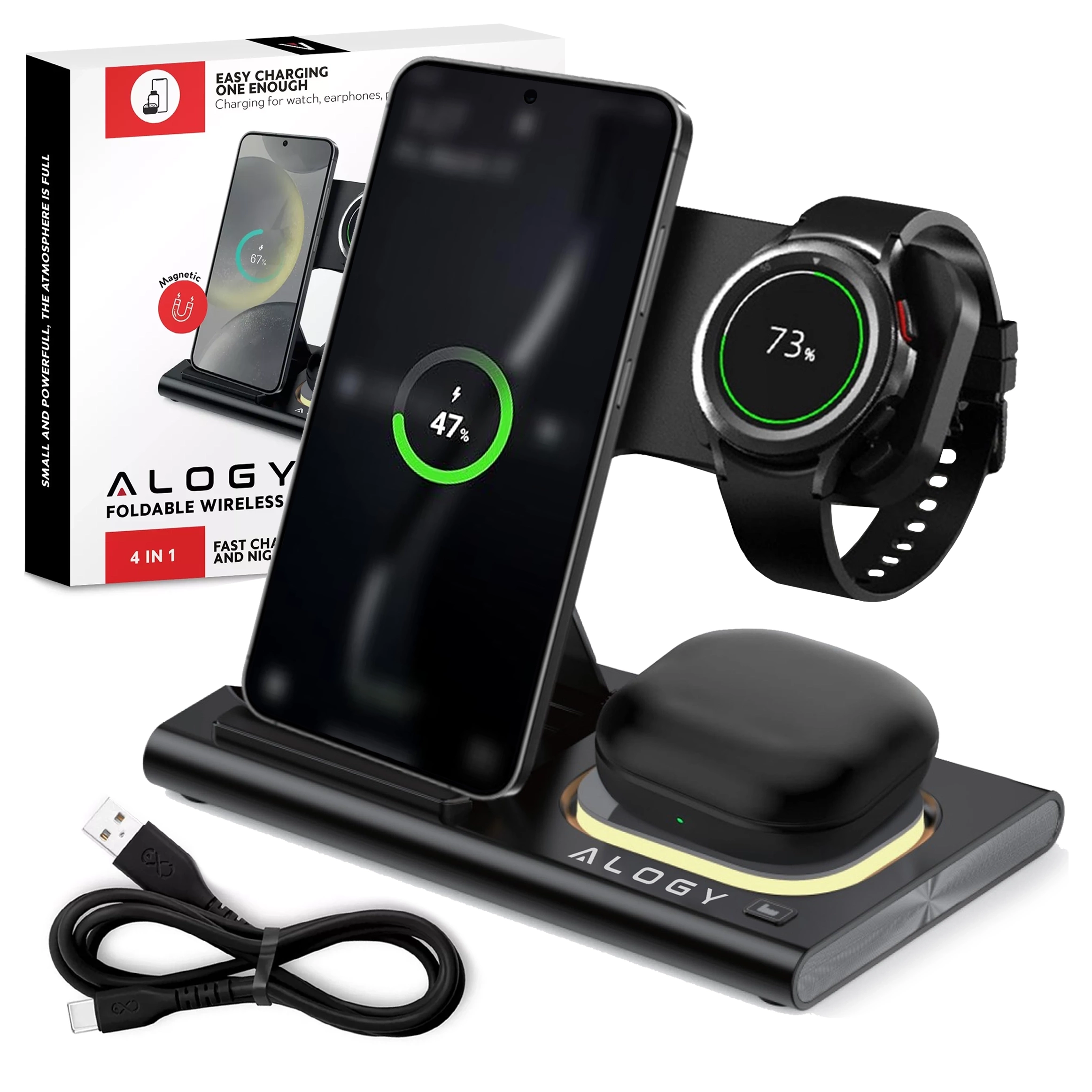 Na obrazie widoczna jest czarna ładowarka indukcyjna z miejscem na telefon, zegarek i słuchawki, z logo \'ALOGY\'. Obok znajduje się kabel USB oraz pudełko z napisem \'EASY CHARGING ONE ENOUGH\'.