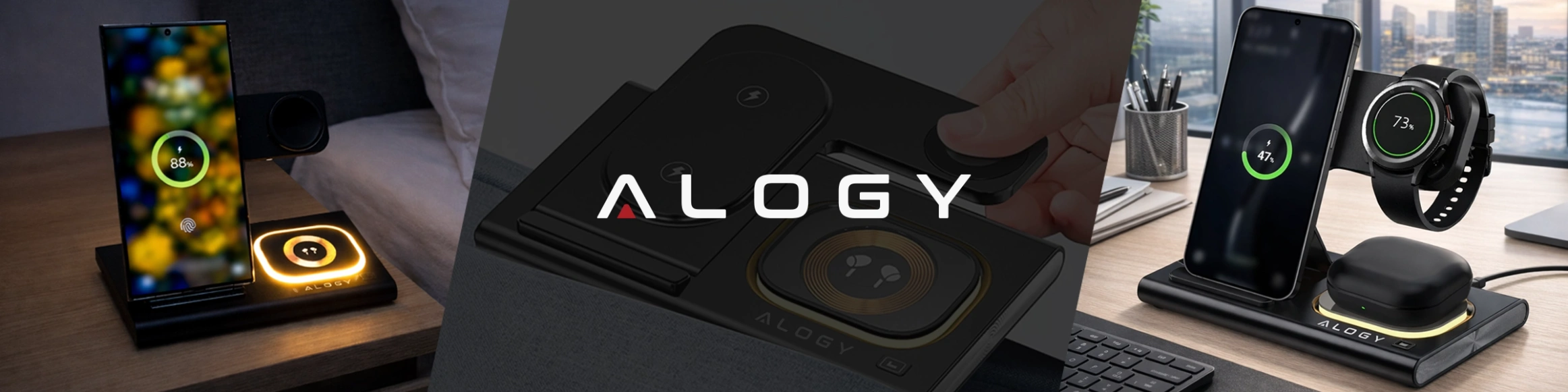 Obraz przedstawia trzy sceny z ładowarką indukcyjną marki Alogy, na której znajdują się smartfony i zegarki. Na środku widoczne jest logo \'ALOGY\'.