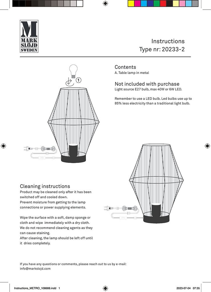 Instrukcja obsługi lampy stołowej z metalu, typ nr: 20233-2, z logo \'MARKSLOJD SWEDEN\'. Zawiera informacje o czyszczeniu i zalecenia dotyczące użycia żarówki LED E27, maksymalnie 40W lub 6W LED.