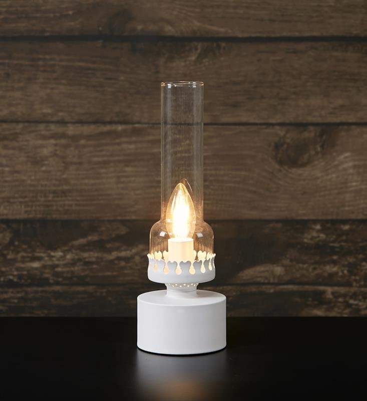 Lampa stołowa z białą podstawą i przezroczystym kloszem, w której wnętrzu znajduje się świecąca żarówka, ustawiona na tle drewnianej ściany.
