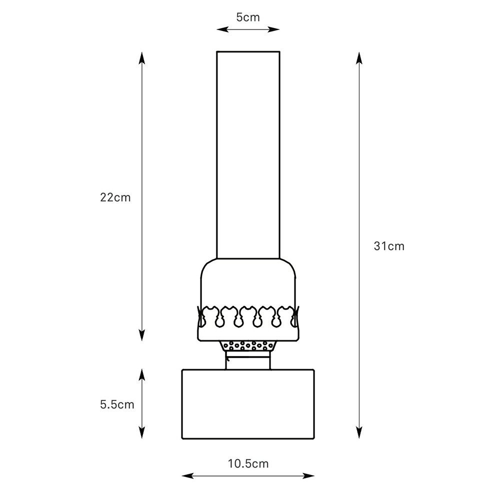 Schematyczny rysunek lampy stołowej z wymiarami: wysokość 31 cm, szerokość podstawy 10,5 cm, wysokość klosza 22 cm, szerokość klosza 5 cm, wysokość podstawy 5,5 cm.