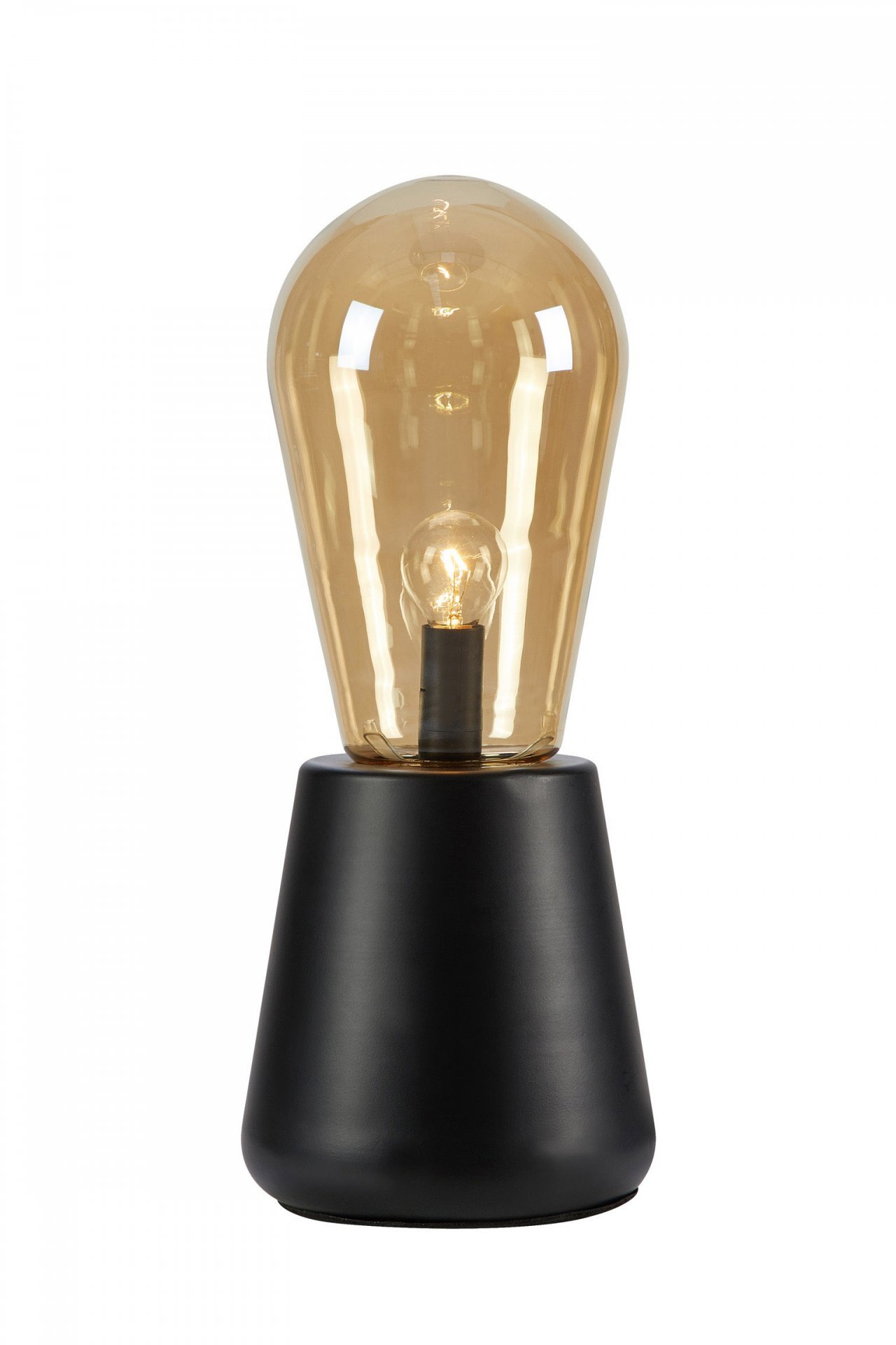 Elegancka lampa stołowa z czarną podstawą i dużym, przezroczystym kloszem w kolorze bursztynowym, umieszczona na białym tle.