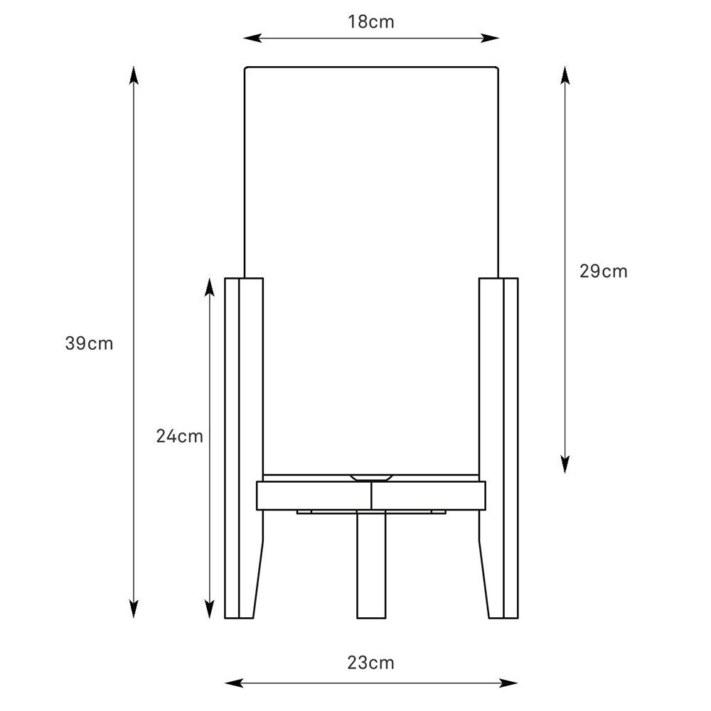 Schematyczny rysunek lampy z wymiarami: wysokość 39 cm, szerokość 23 cm, głębokość 18 cm. Dodatkowe wymiary to 24 cm i 29 cm, oznaczające różne części lampy.