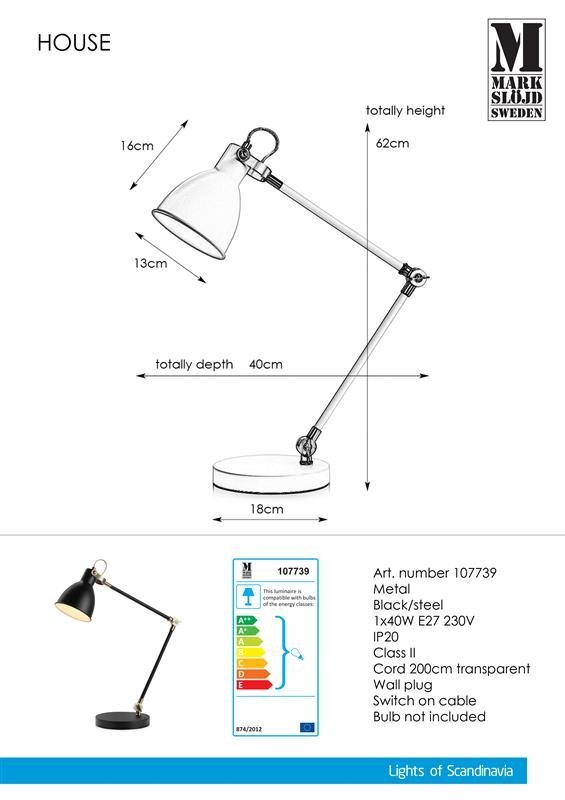 Obraz przedstawia schemat i zdjęcie lampy biurkowej na wysięgniku z oznaczeniami wymiarów: wysokość 62 cm, głębokość 40 cm, średnica podstawy 18 cm. Widoczny jest tekst: \'Art. number 107739, Metal, Black/steel, 1x40W E27 230V, IP20, Class II, Cord 200cm transparent, Wall plug, Switch on cable, Bulb not included\'.