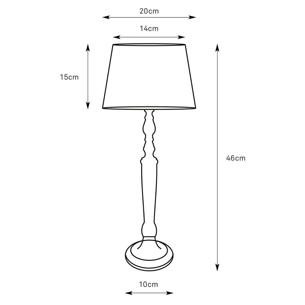 Ilustracja przedstawia kontur lampy stołowej z wymiarami: wysokość 46 cm, średnica podstawy 10 cm, wysokość abażuru 15 cm, szerokość abażuru 20 cm i 14 cm.
