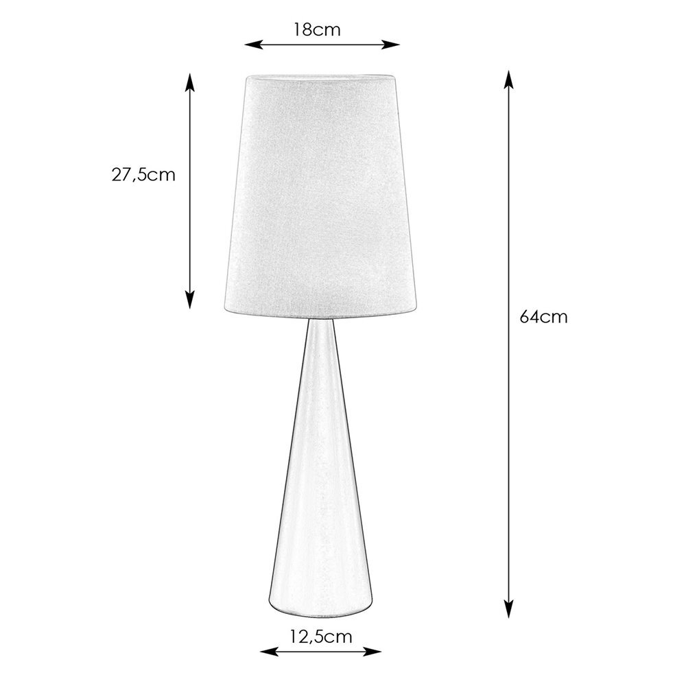 Lampa stołowa o wysokości 64 cm z abażurem o wysokości 27,5 cm i średnicy 18 cm oraz podstawą o średnicy 12,5 cm. Na białym tle widoczne są wymiary lampy oznaczone strzałkami i liczbami.