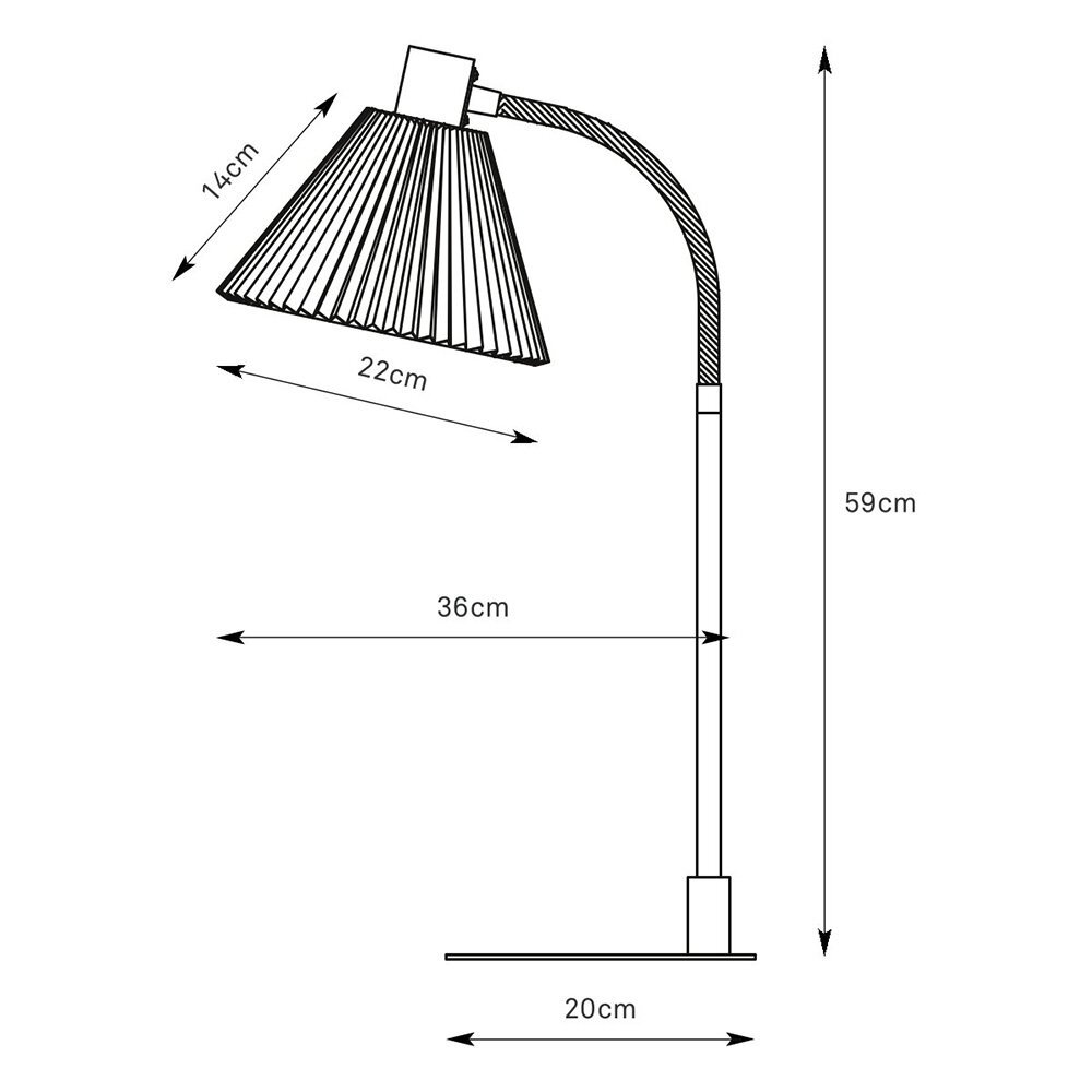 Schemat lampy biurkowej z wymiarami: wysokość 59 cm, szerokość podstawy 20 cm, długość ramienia 36 cm, szerokość klosza 22 cm, wysokość klosza 14 cm.