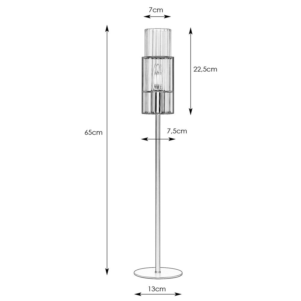 Lampa stołowa z przezroczystym kloszem, na którym widoczne są wymiary: wysokość 65 cm, średnica klosza 7 cm, wysokość klosza 22,5 cm, średnica podstawy 13 cm, średnica klosza 7,5 cm.
