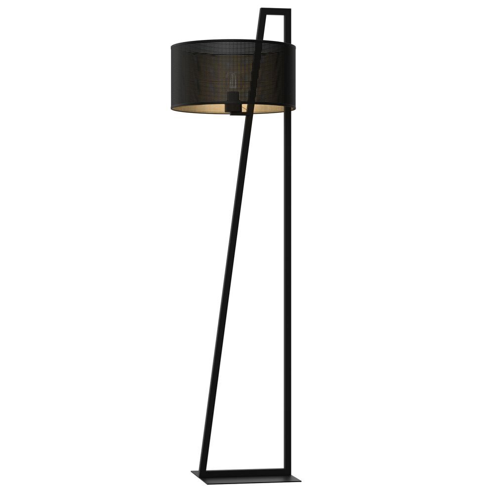 Lampa podłogowa z ażurowym abażurem w nowoczesnym stylu, wykonana z czarnego metalu, stoi na prostokątnej podstawie. Tło jest jednolite i białe.