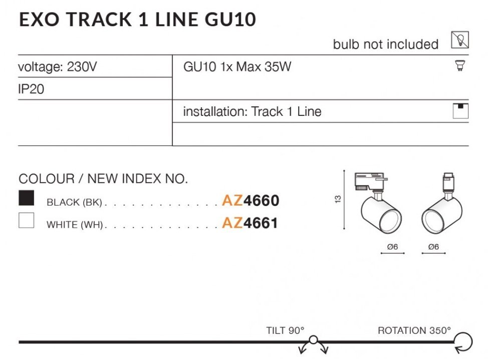 Obraz przedstawia specyfikację lampy EXO TRACK 1 LINE GU10 z informacjami o napięciu 230V, maksymalnej mocy 35W i klasie ochrony IP20. Dostępne kolory to czarny (AZ4660) i biały (AZ4661), a lampa ma możliwość obrotu o 350 stopni i nachylenia o 90 stopni.