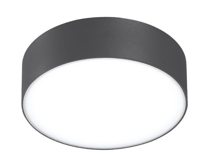 Zewnętrzna lampa sufitowa LED o okrągłym kształcie z ciemnym obramowaniem i jasnym, świecącym środkiem.