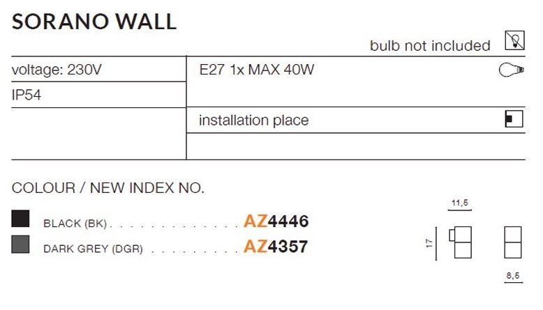 Obraz przedstawia specyfikację kinkietu zewnętrznego Sorano Wall. Zawiera informacje o napięciu 230V, oprawce E27 na maksymalnie 40W, klasie ochrony IP54 oraz dostępnych kolorach: czarnym (AZ4446) i ciemnoszarym (AZ4357).