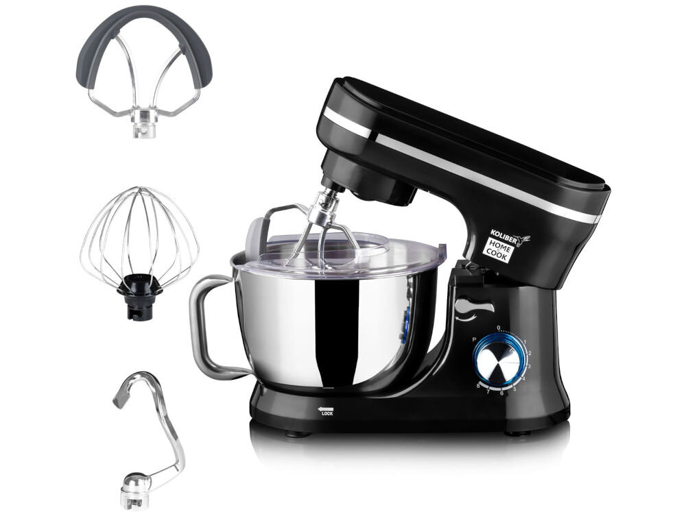 Czarny robot kuchenny planetarny z metalową misą i trzema wymiennymi końcówkami: hak, trzepaczka i mieszadło. Na obudowie widoczne jest logo \'KOLIBER HOME COOK\'.