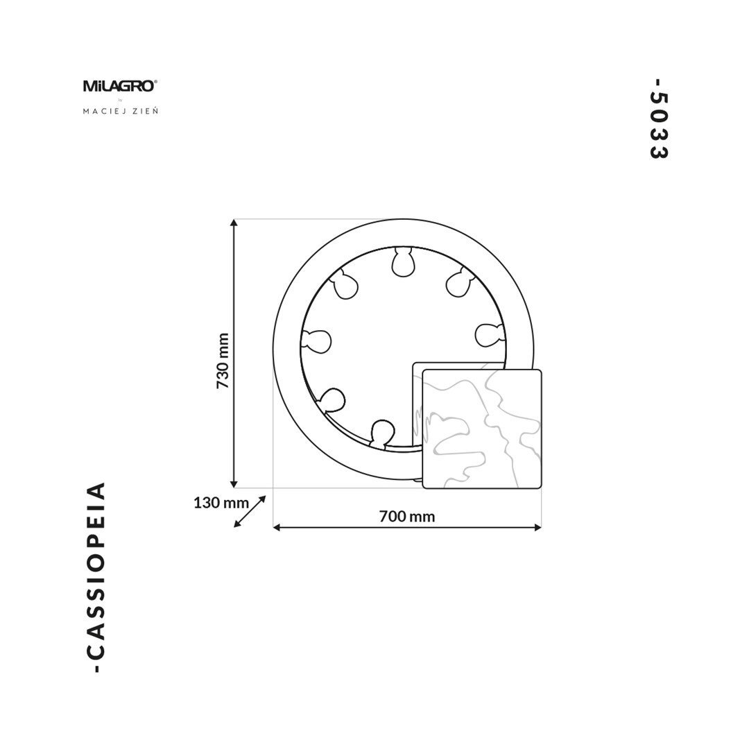 Schemat lampy stołowej z okrągłym elementem o średnicy 700 mm i wysokości 730 mm, z kwadratowym detalem. Widoczne są napisy: \'MILAGRO\', \'MACIEJ ZIEŃ\', \'CASSIOPEIA\', \'5033\'.