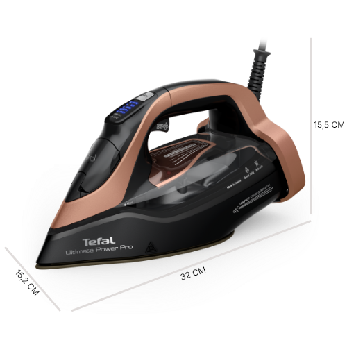 Czarne żelazko parowe z miedzianymi akcentami, posiada wbudowany generator pary. Na obudowie widoczny jest napis \'Tefal Ultimate Power Pro\'.