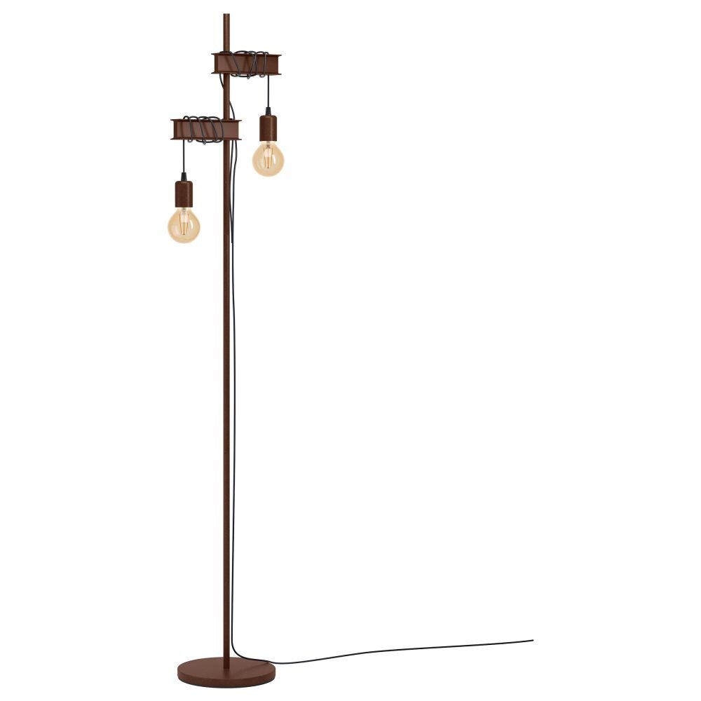 Lampa podłogowa w stylu loftowym z dwoma żarówkami wiszącymi na brązowym stelażu. Posiada okrągłą podstawę i długi przewód zasilający.