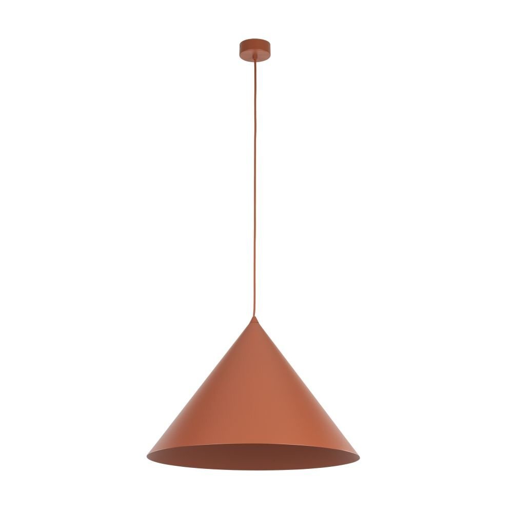 Lampa wisząca w kształcie stożka o ceglastym kolorze, zawieszona na cienkim przewodzie z okrągłą podsufitką.
