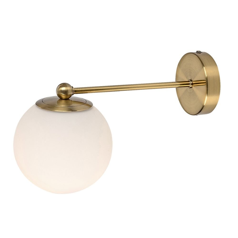 Kinkiet ścienny z okrągłym, szklanym kloszem w kolorze białym i złotą metalową konstrukcją. Kinkiet ma nowoczesny design i jest przeznaczony do montażu na ścianie.