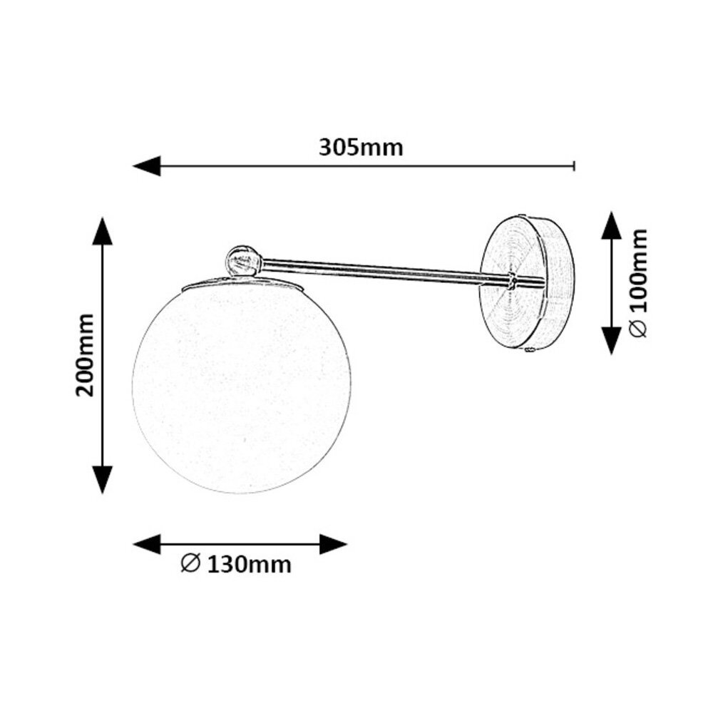 Schematyczny rysunek kinkietu ściennego z wymiarami: 305mm długości, 200mm wysokości, średnica klosza 130mm, średnica podstawy 100mm.