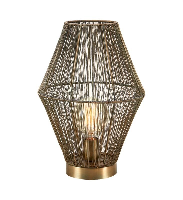 Lampa stołowa o nowoczesnym designie z metalowym kloszem w kształcie siatki, przez który widoczna jest żarówka na metalowej podstawie.