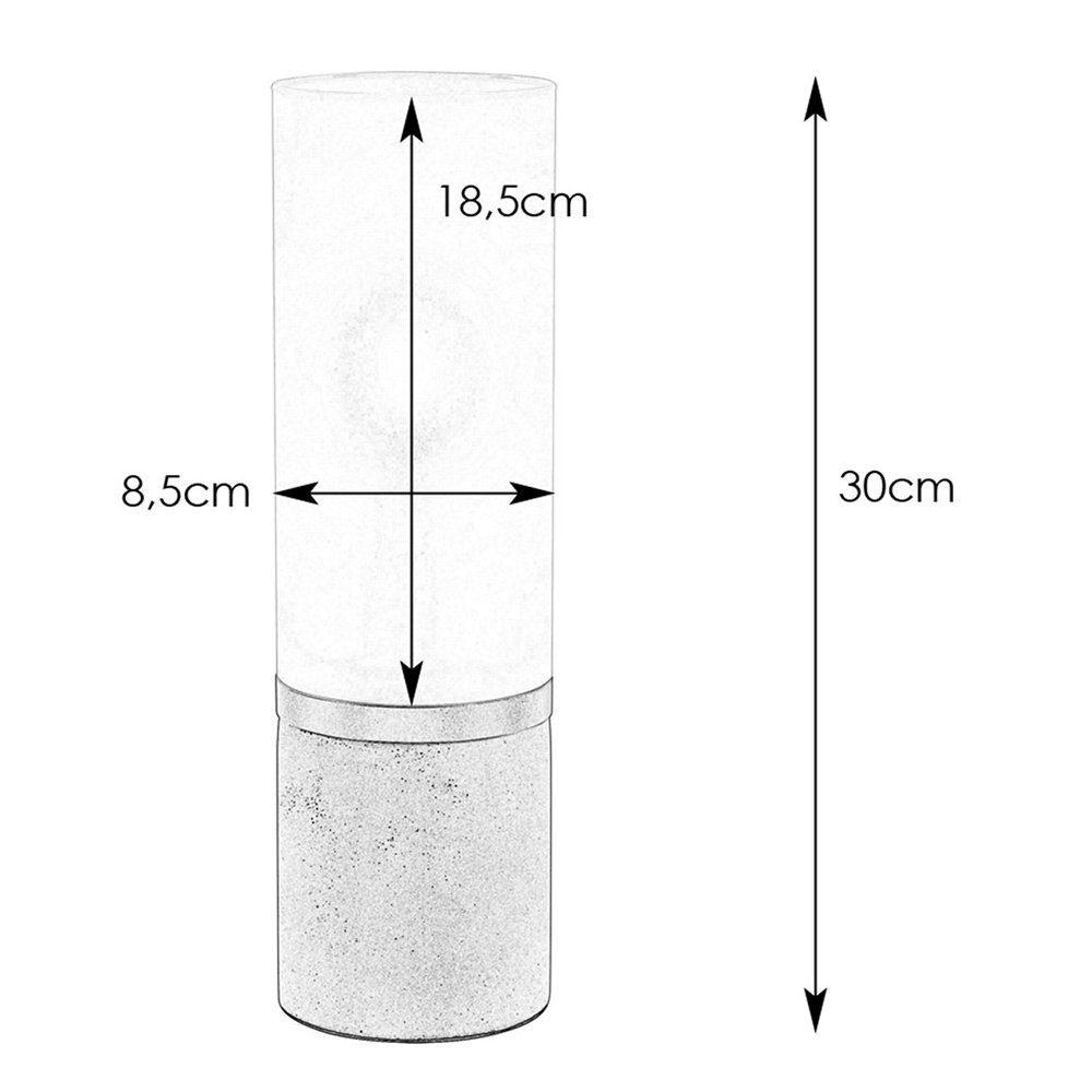 Schemat lampy stołowej z wymiarami: wysokość całkowita 30 cm, wysokość klosza 18,5 cm, średnica klosza 8,5 cm.