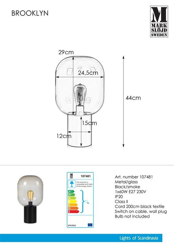 Obraz przedstawia lampę stołową o nazwie BROOKLYN z wymiarami: wysokość 44 cm, szerokość 29 cm, średnica klosza 24,5 cm. Lampa wykonana jest z metalu i szkła, w kolorze czarnym/dymnym, z przewodem o długości 200 cm; żarówka nie jest dołączona.