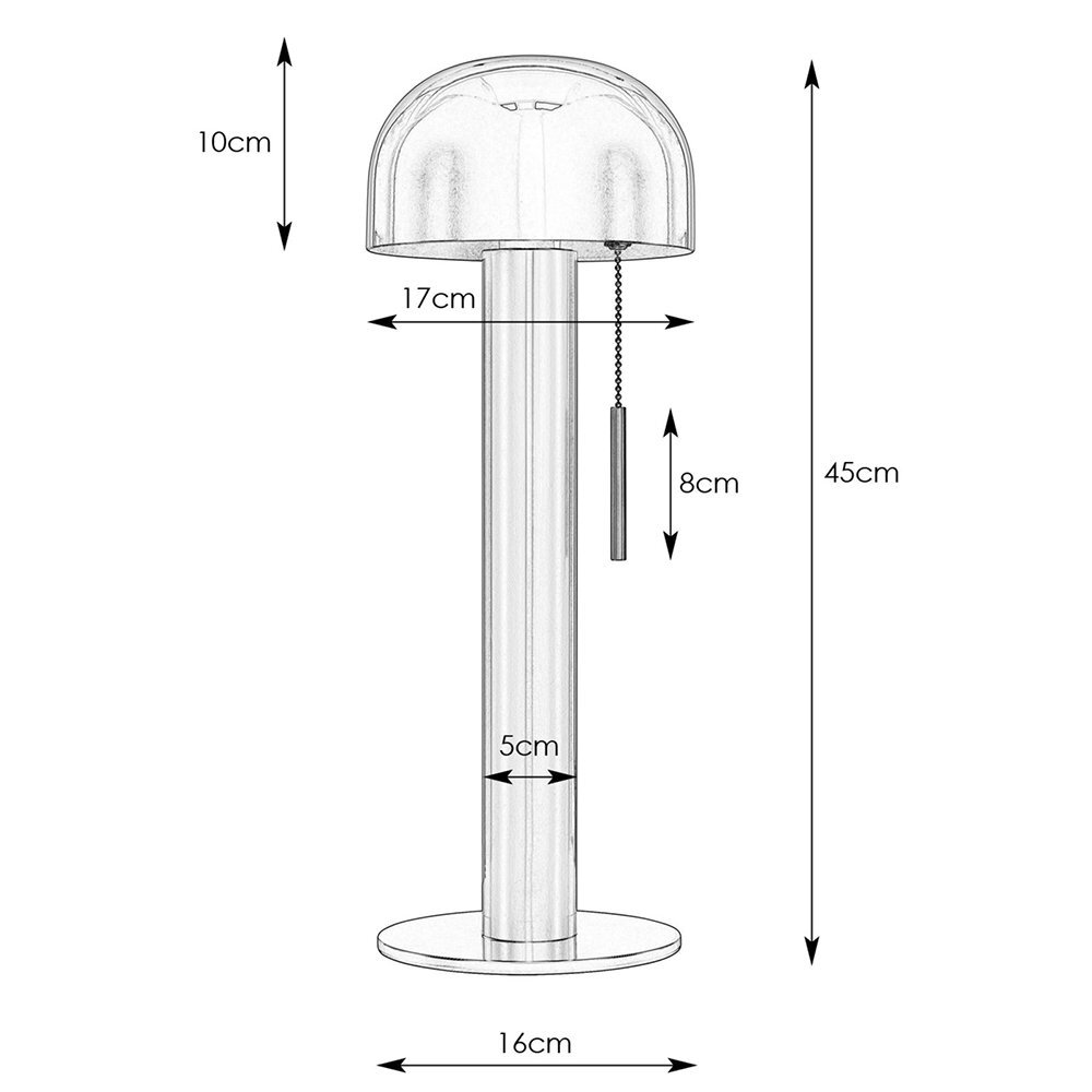 Schemat lampy stołowej z wymiarami: wysokość 45 cm, średnica klosza 17 cm, wysokość klosza 10 cm, średnica podstawy 16 cm, średnica trzonu 5 cm, długość łańcuszka 8 cm.