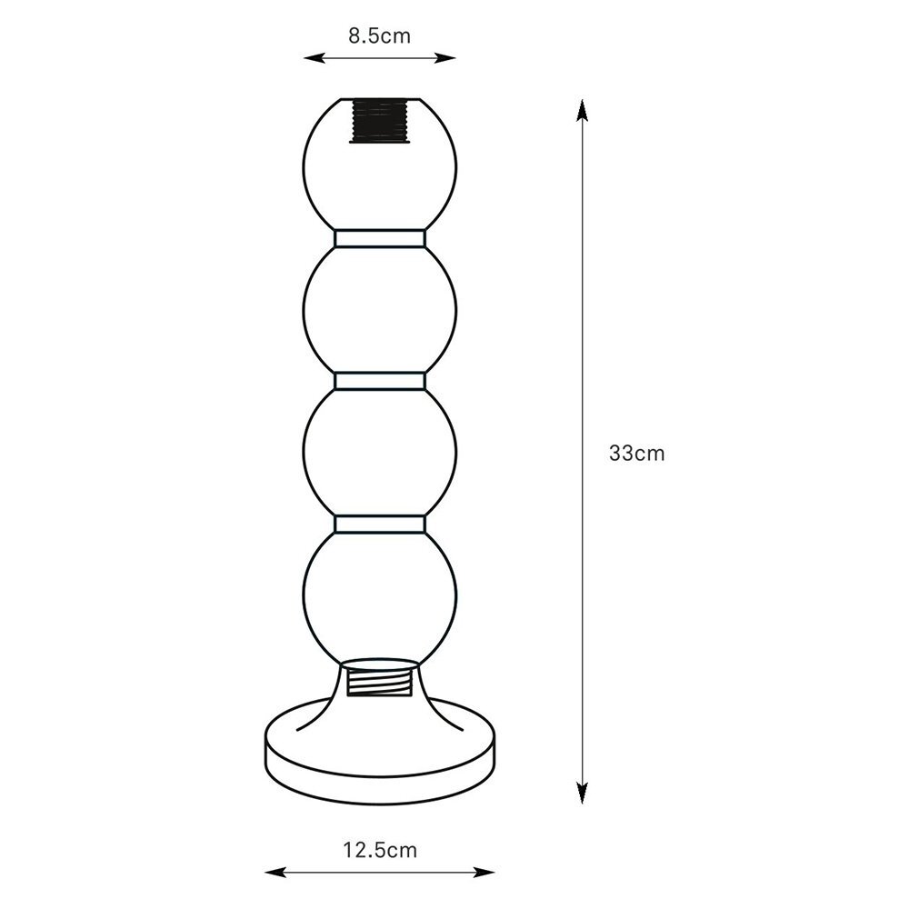 Schemat lampy stołowej z czterema kulistymi segmentami, o wysokości 33 cm i średnicy podstawy 12,5 cm. Średnica górnego segmentu wynosi 8,5 cm.