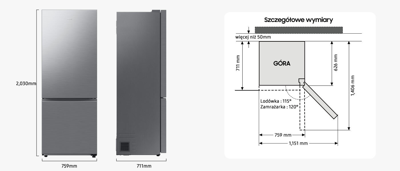 Obraz przedstawia lodówkę w kolorze szczotkowanej stali nierdzewnej z wymiarami: wysokość 2030 mm, szerokość 759 mm, głębokość 711 mm. Obok znajduje się schemat z napisem \'Szczegółowe wymiary\' pokazujący wymiary i kąt otwarcia drzwi: lodówka 115°, zamrażarka 120°.