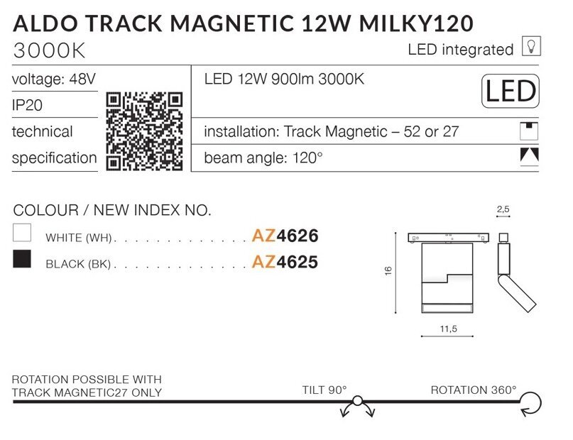 Obraz przedstawia specyfikację reflektora szynowego LED ALDO Track Magnetic 12W Milky120 o temperaturze barwowej 3000K. Zawiera informacje o napięciu 48V, strumieniu świetlnym 900lm, kącie świecenia 120°, oraz dostępnych kolorach: biały (AZ4626) i czarny (AZ4625).