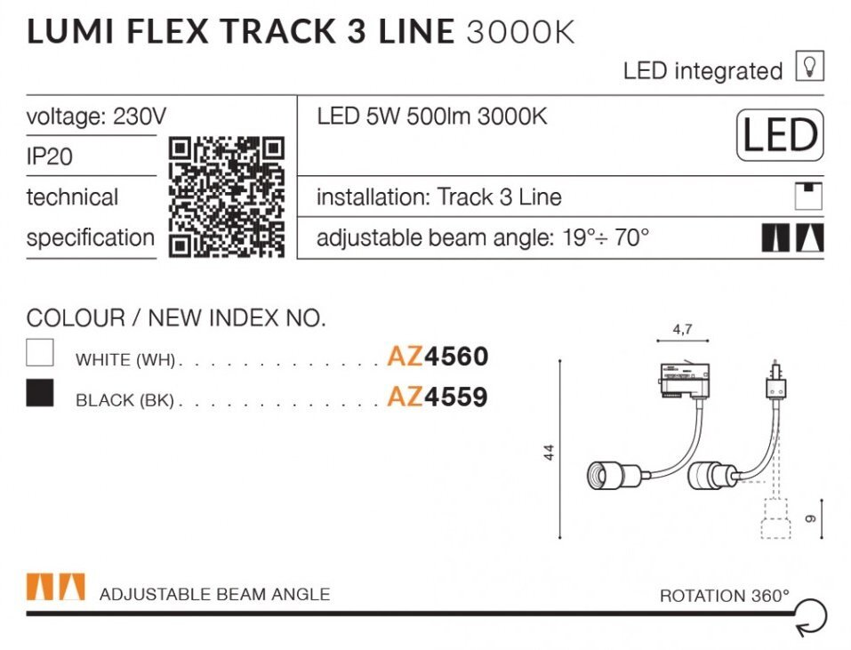 Obraz przedstawia specyfikację techniczną reflektora szynowego LED LUMI FLEX TRACK 3 LINE 3000K. Zawiera informacje o napięciu 230V, mocy 5W, strumieniu świetlnym 500lm, kącie regulacji wiązki 19°-70° oraz dostępnych kolorach: białym (AZ4560) i czarnym (AZ4559).