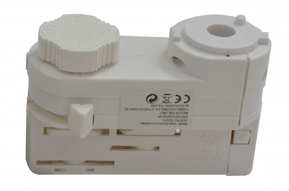 Biały adapter do szyny z widocznymi pokrętłami i otworami montażowymi. Na powierzchni znajduje się tekst: \'10A 250V T-PRAX 100N\'.