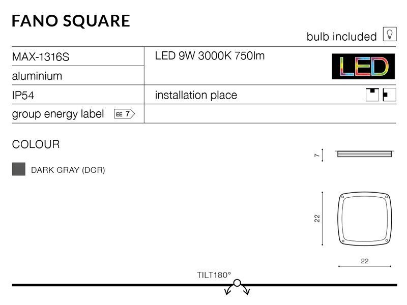 Obraz przedstawia specyfikację plafonu zewnętrznego Fano Square. Zawiera informacje o materiałach, parametrach technicznych, kolorze ciemnoszarym oraz rysunki techniczne produktu.
