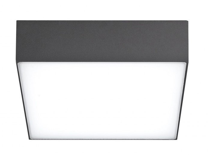 Kwadratowa lampa sufitowa o nowoczesnym designie, z ciemną obudową i jasnym, mlecznym kloszem.
