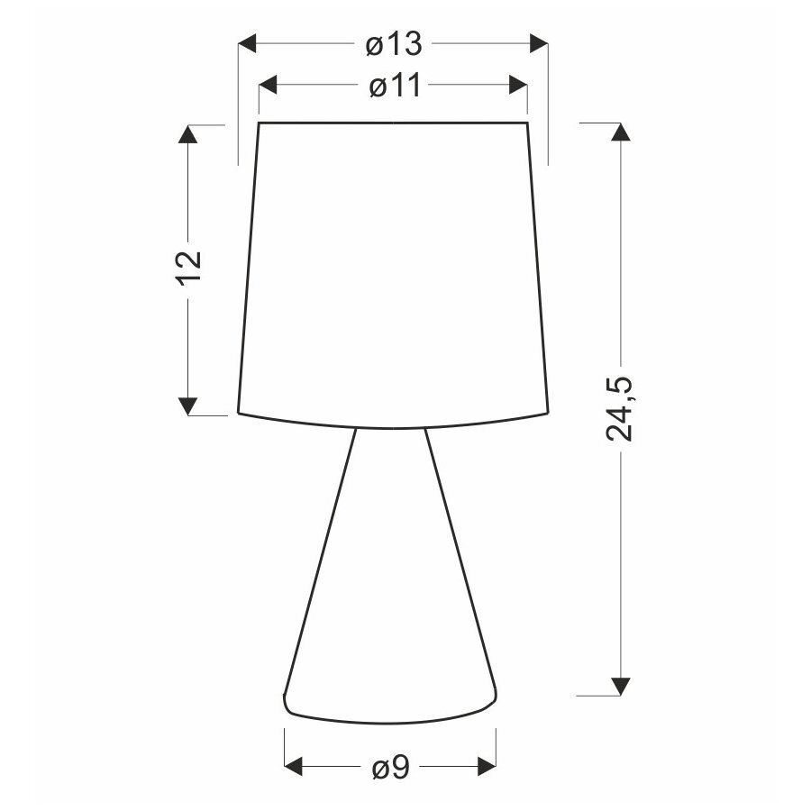 Schemat lampki nocnej z wymiarami: wysokość 24,5 cm, średnica klosza 13 cm i 11 cm, średnica podstawy 9 cm, wysokość klosza 12 cm.